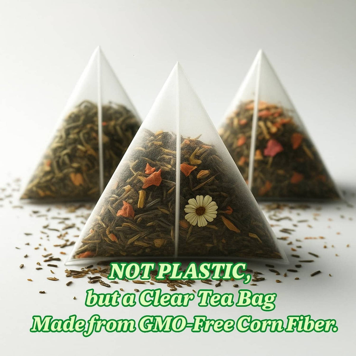 Clear pyramid tea bags filled with herbs, flower detail; not plastic text overlay