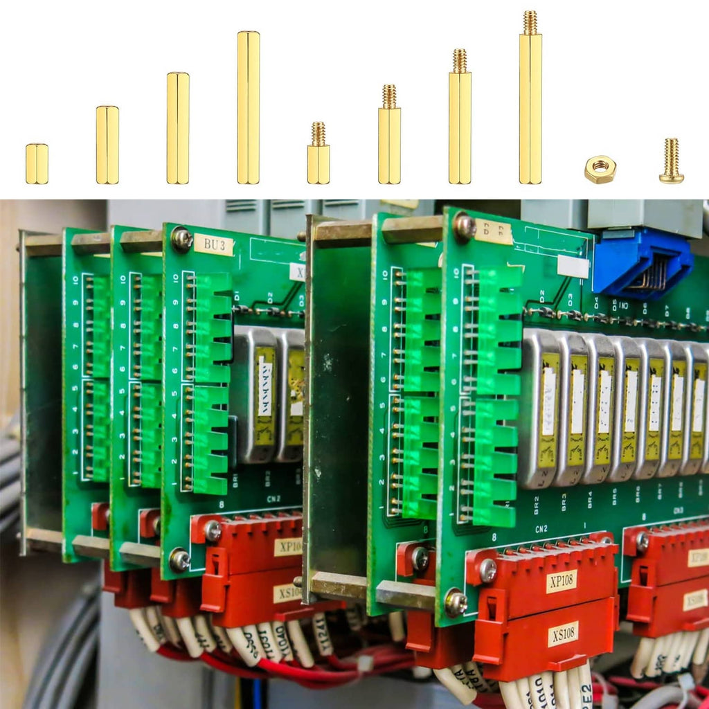 Brass M2 hex spacer standoffs on a green circuit board assembly