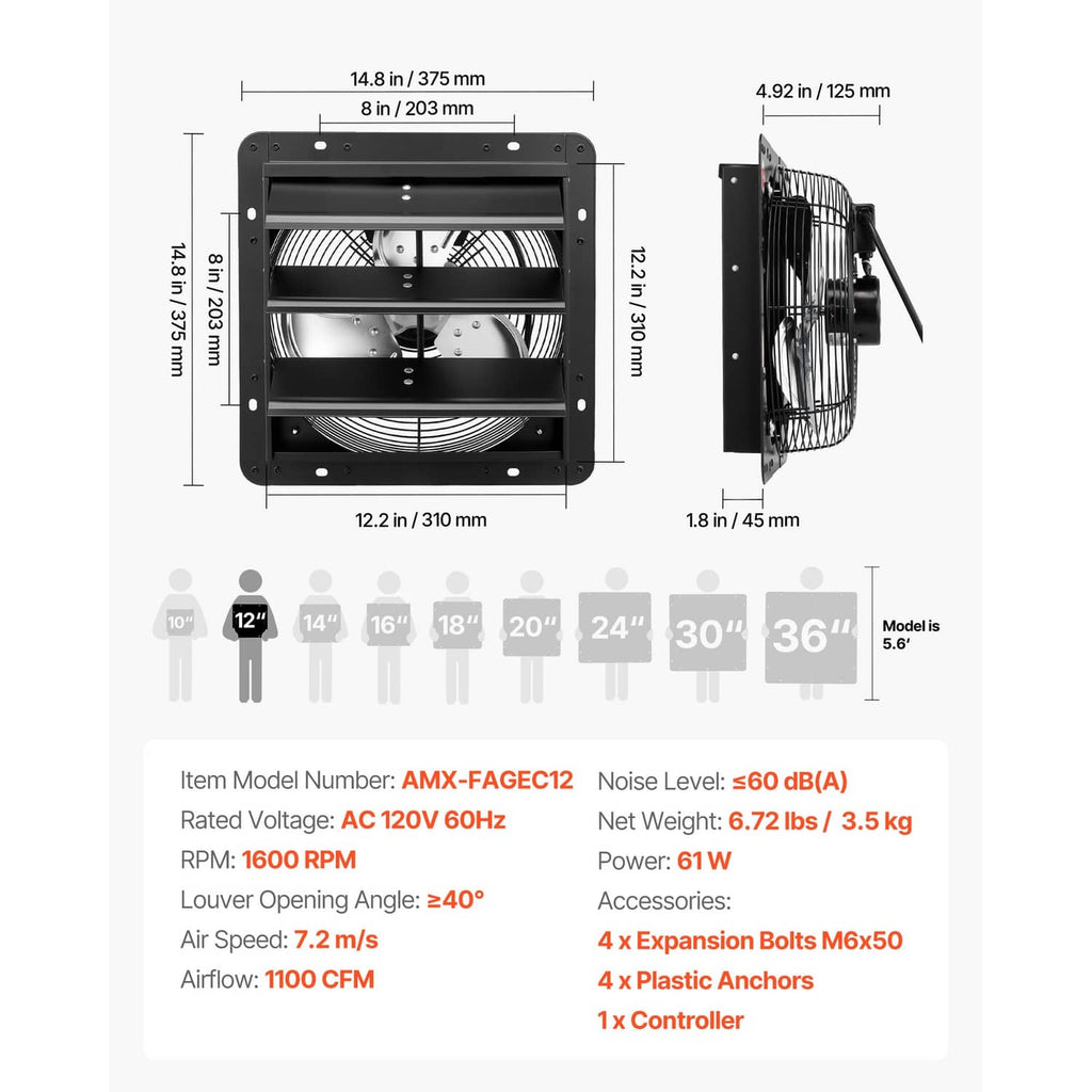 Wall-mount shutter exhaust fan dimensions and specs diagram