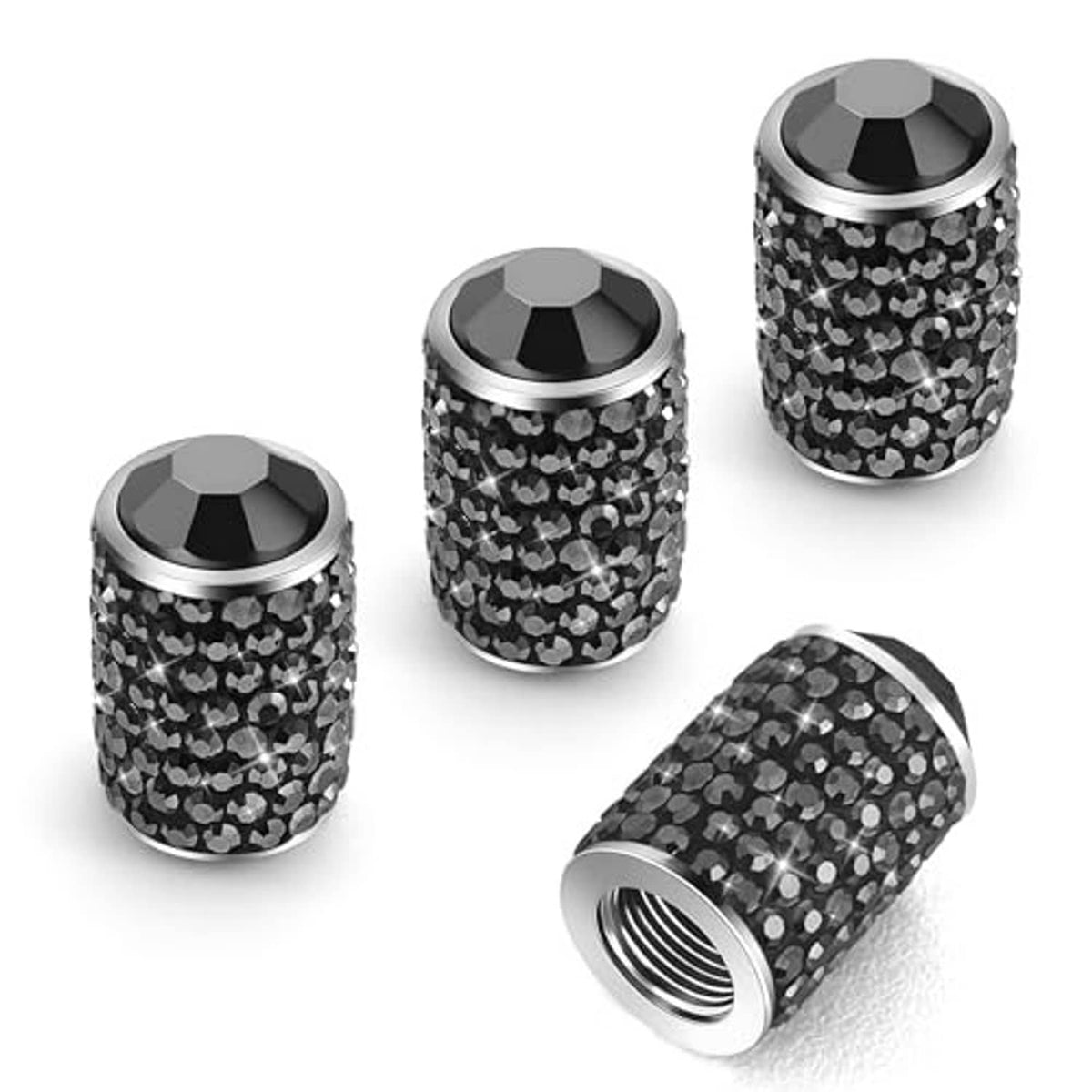 Rhinestone-look tire valve stem caps, dark sparkle texture with chrome base and top