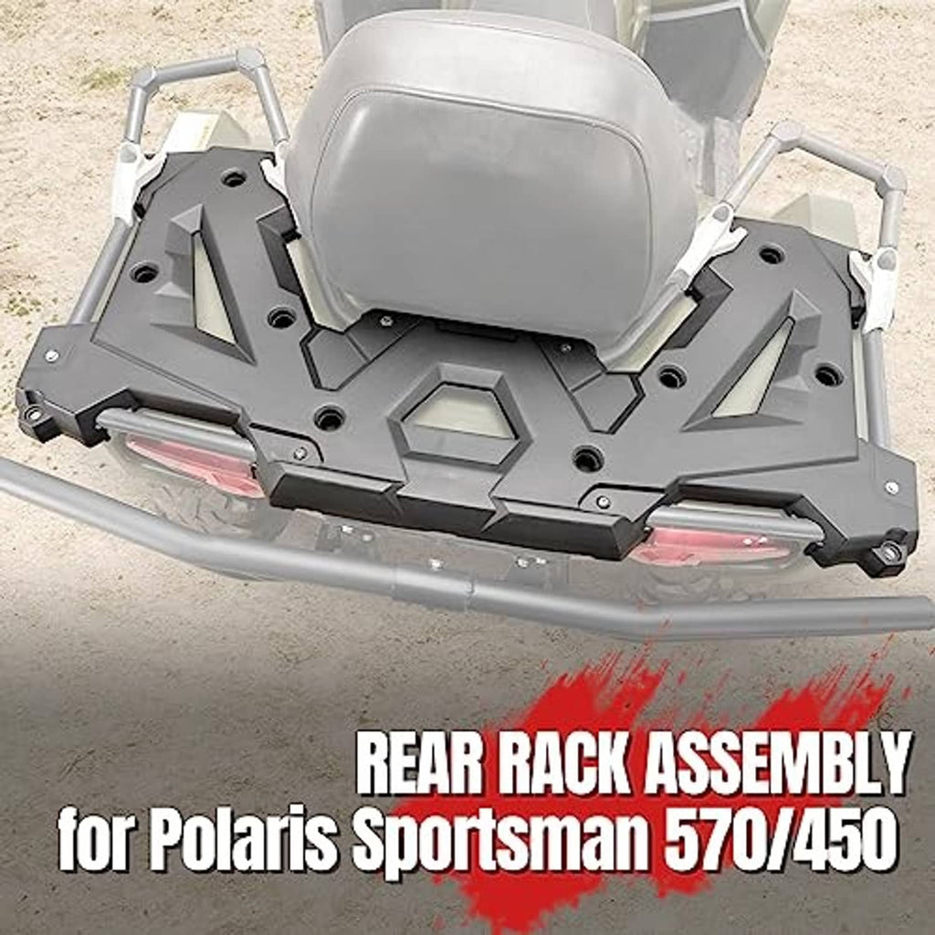 Rear cargo rack assembly with black platform and gray mounting brackets