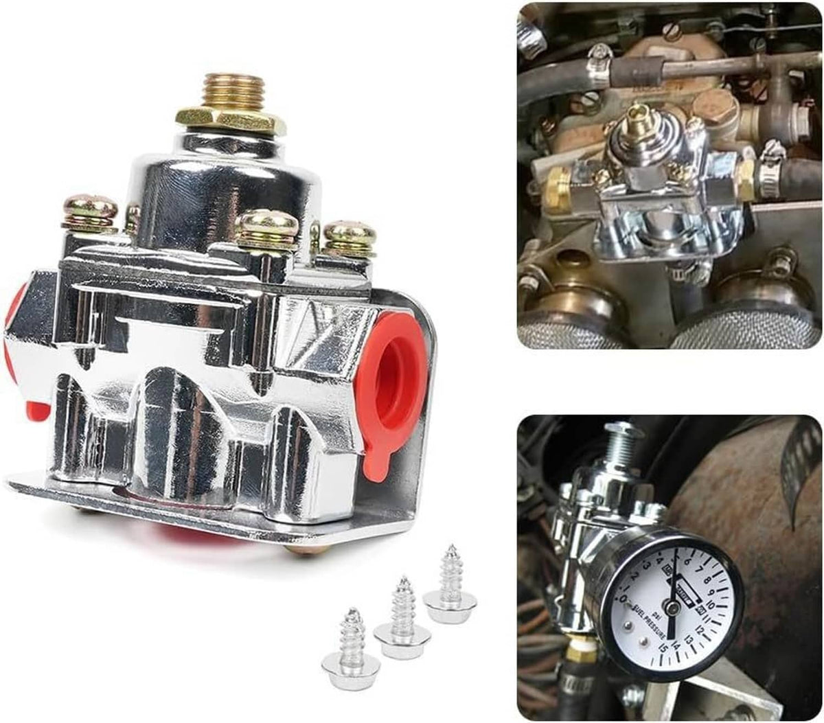 Chrome fuel pressure regulator side view with red outlet port and mounting screws