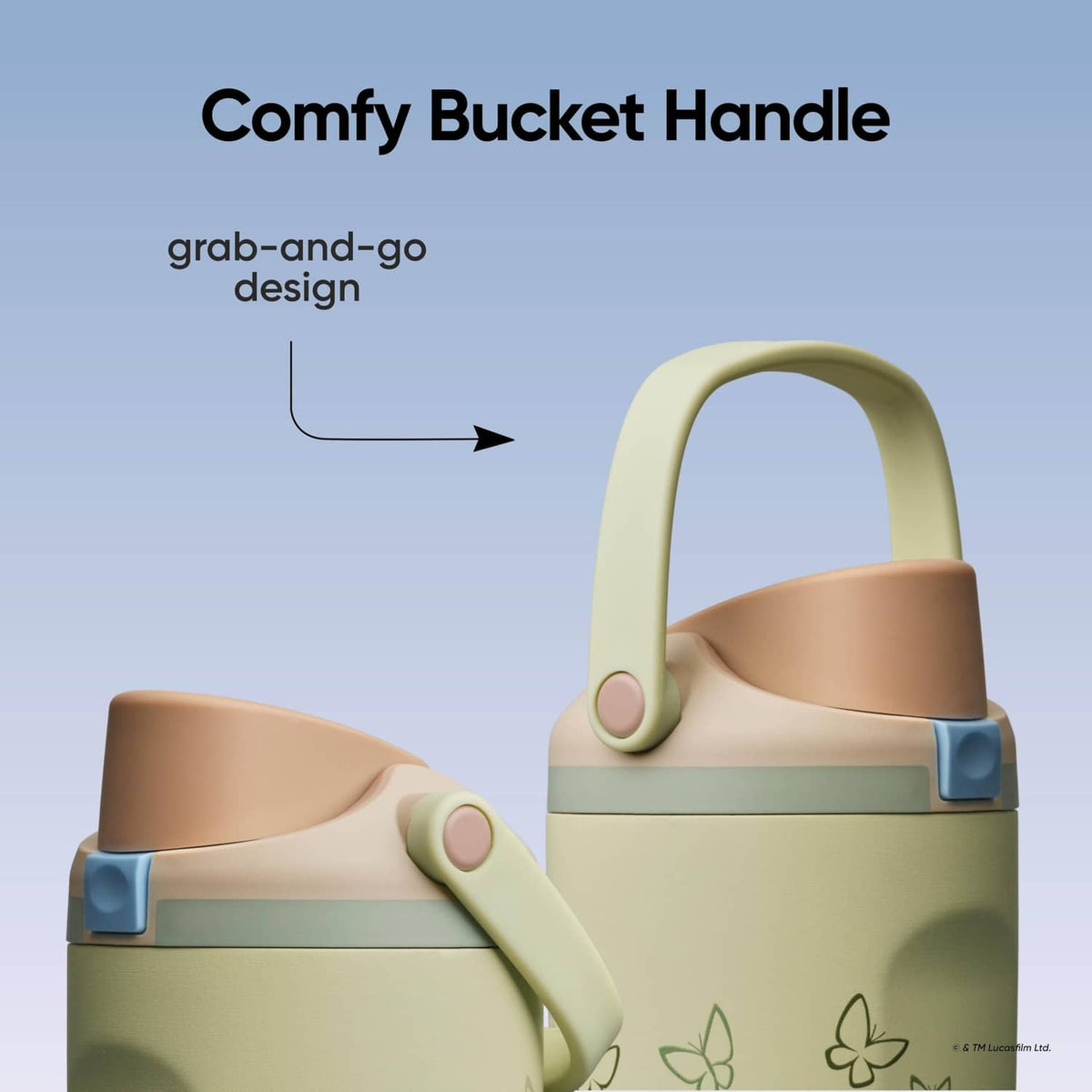 Owala water bottle with comfy bucket handle and lid detail, green with GroGu print