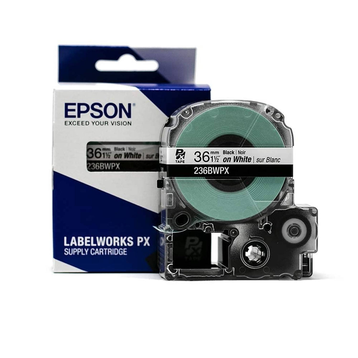 Label tape supply cartridge with tape roll, black text on white, 36mm