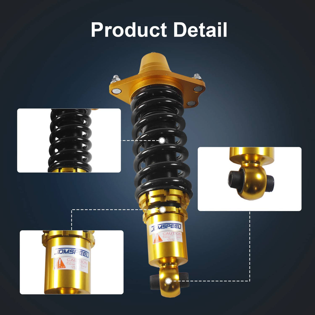 Gold coilover strut with black spring and adjustable shock body, close-up