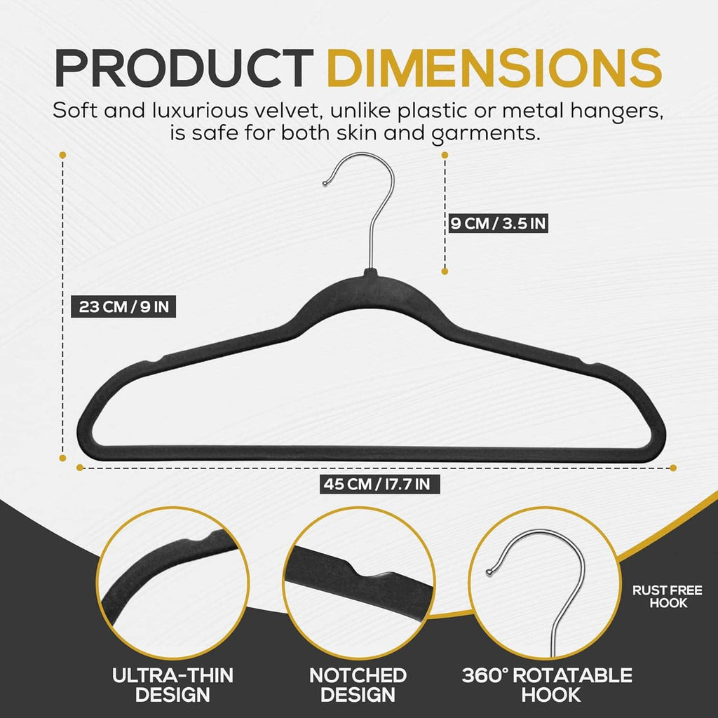 Black velvet hanger with notched shoulders, slim profile, and 360° swivel hook