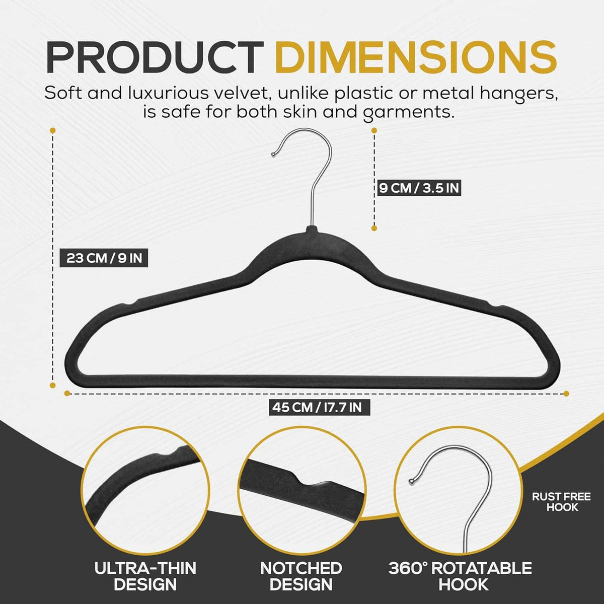 Black velvet hanger with notched shoulders, slim profile, and 360° swivel hook