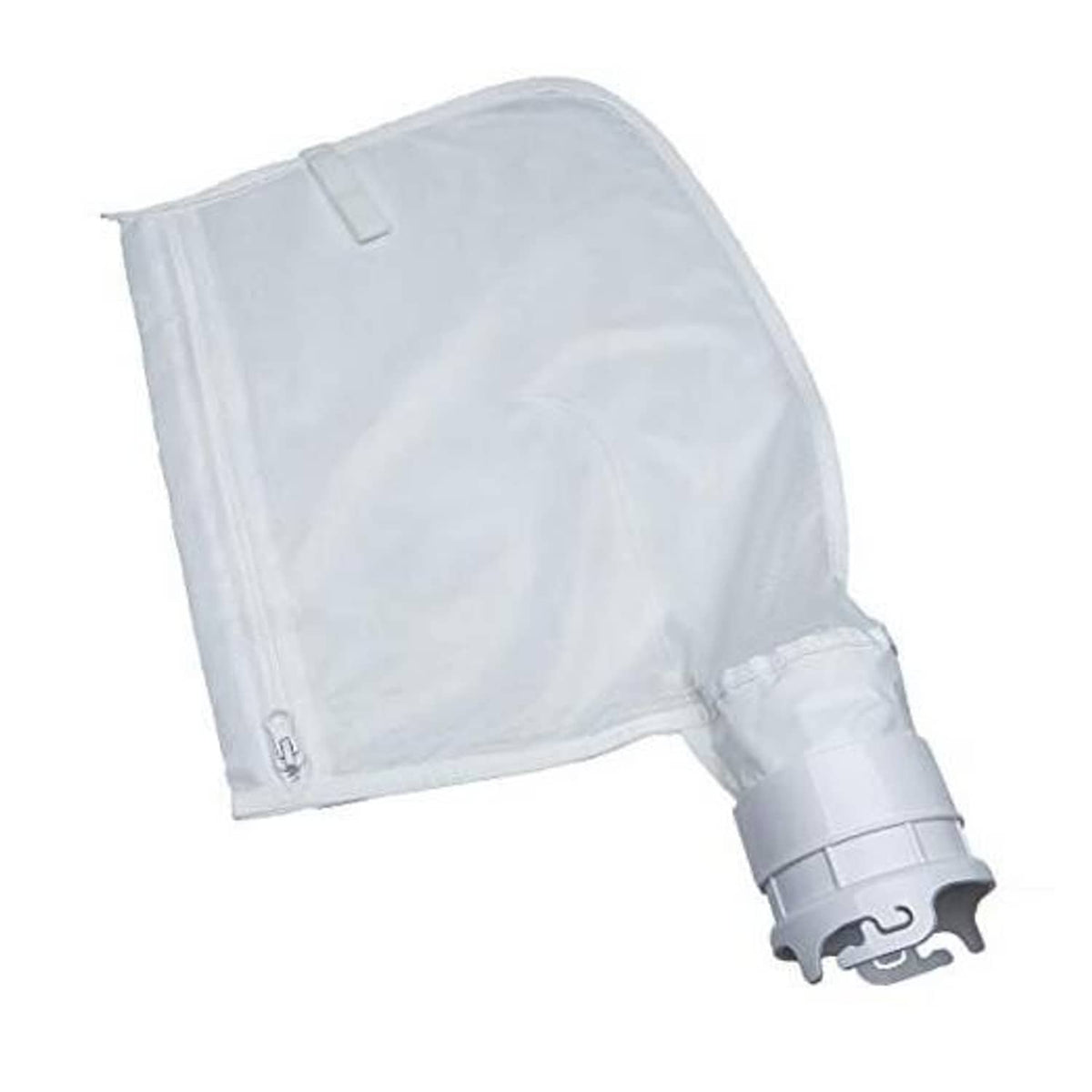 White fine-mesh pool debris bag with zipper closure and ABS hose attachment