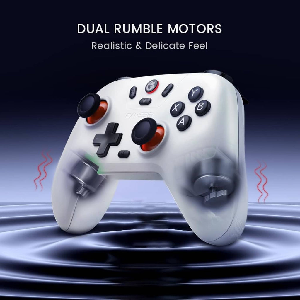White wireless gamepad controller with analog sticks and colored trigger accents