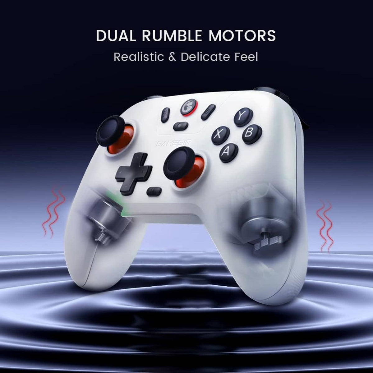 White wireless gamepad controller with analog sticks and colored trigger accents