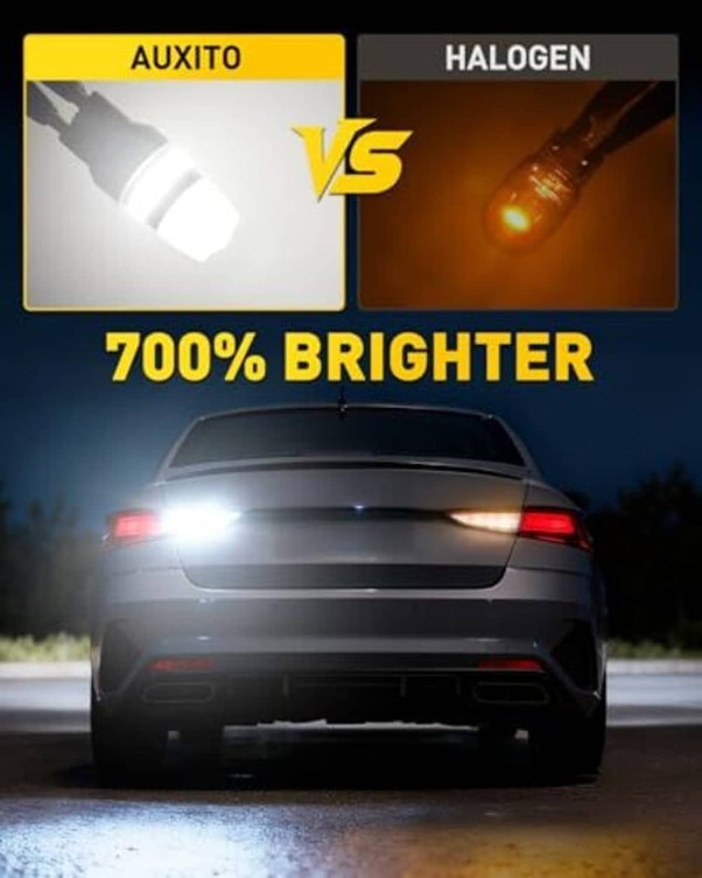 LED reverse light bulb projecting a bright white beam for brightness comparison