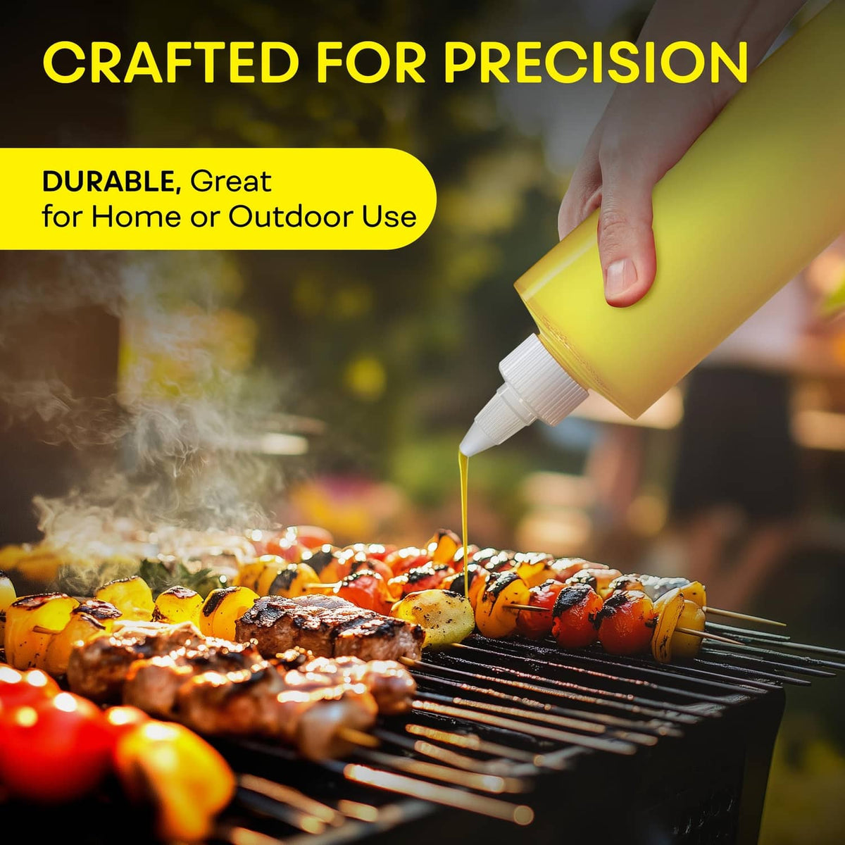 Yellow squeeze bottle with white nozzle tip, dispensing liquid