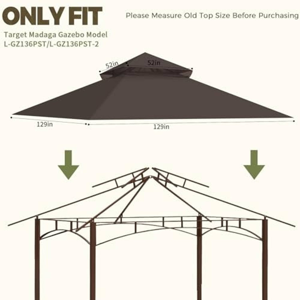 Brown canopy top cover for outdoor gazebo shown on a size diagram