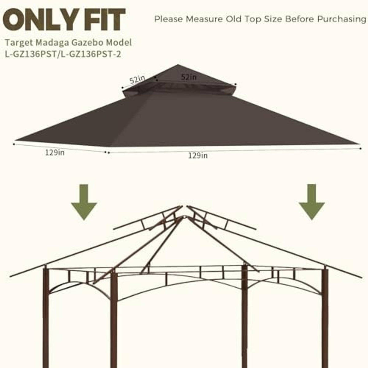 Brown canopy top cover for outdoor gazebo shown on a size diagram