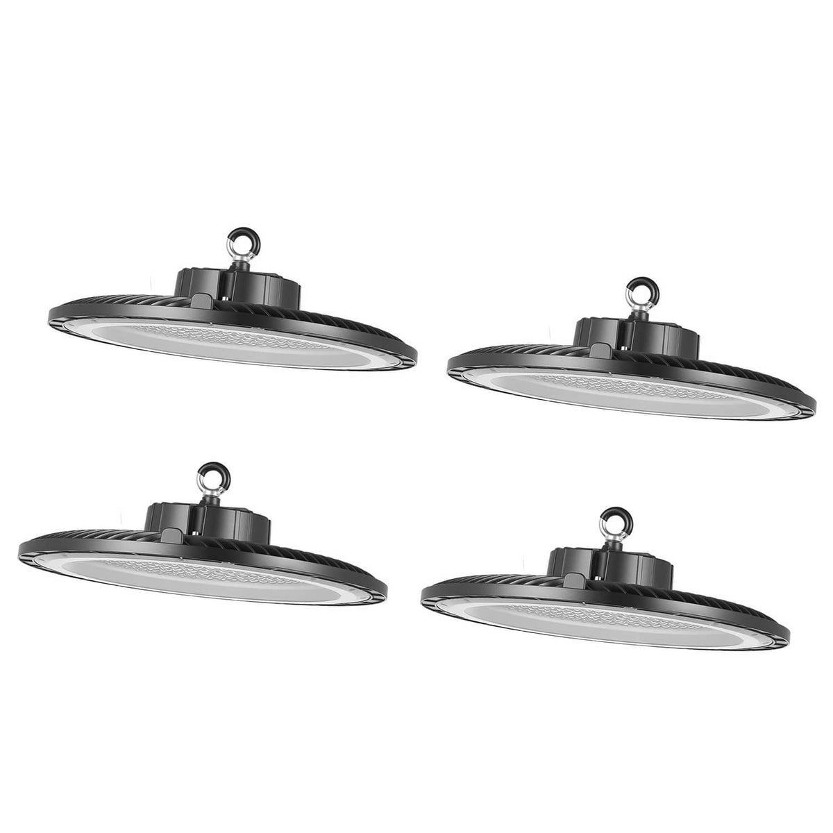 LED high bay lights, four-pack of round black fixtures with hanging hooks