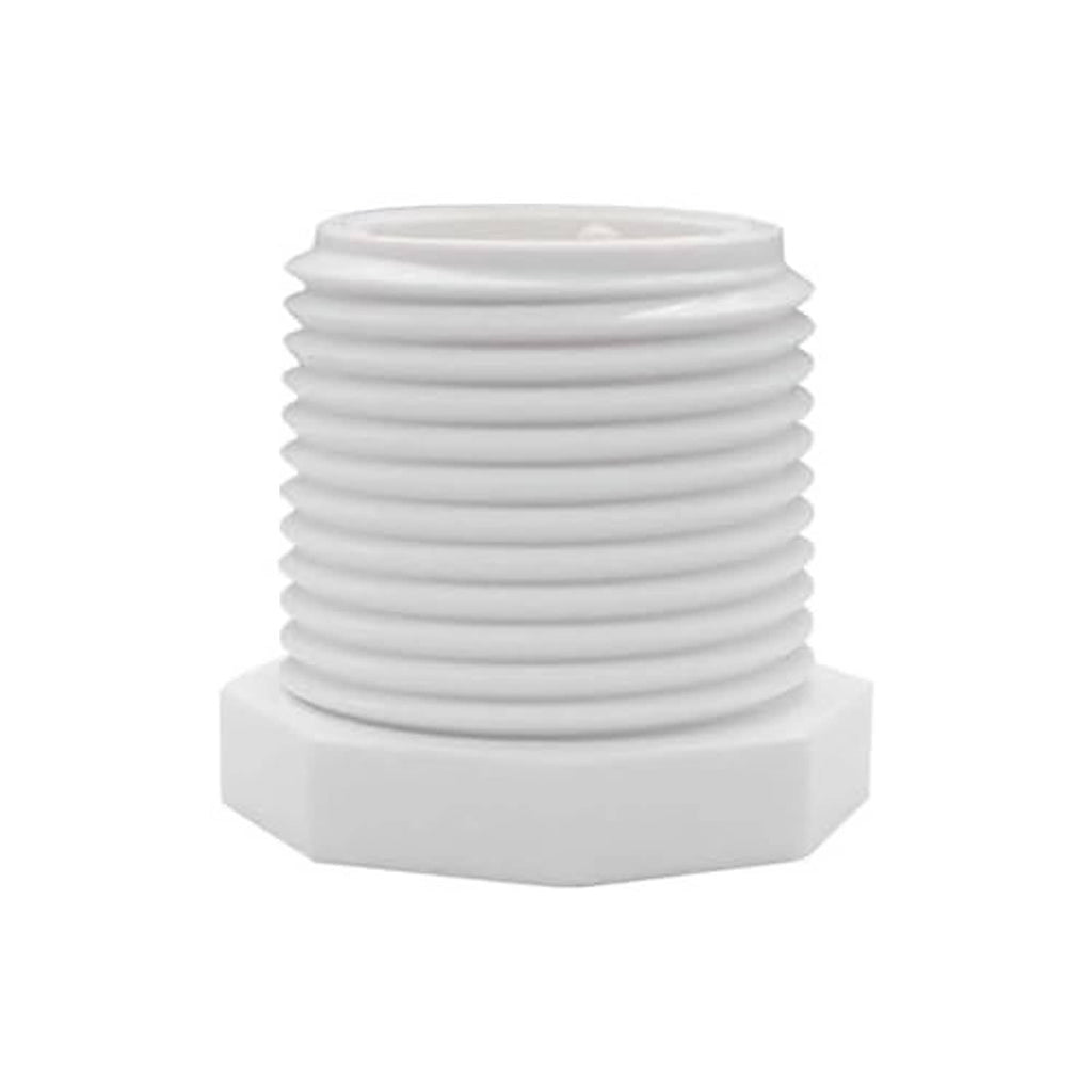 White PVC male threaded plug with stacked ridged threads and flat hex base