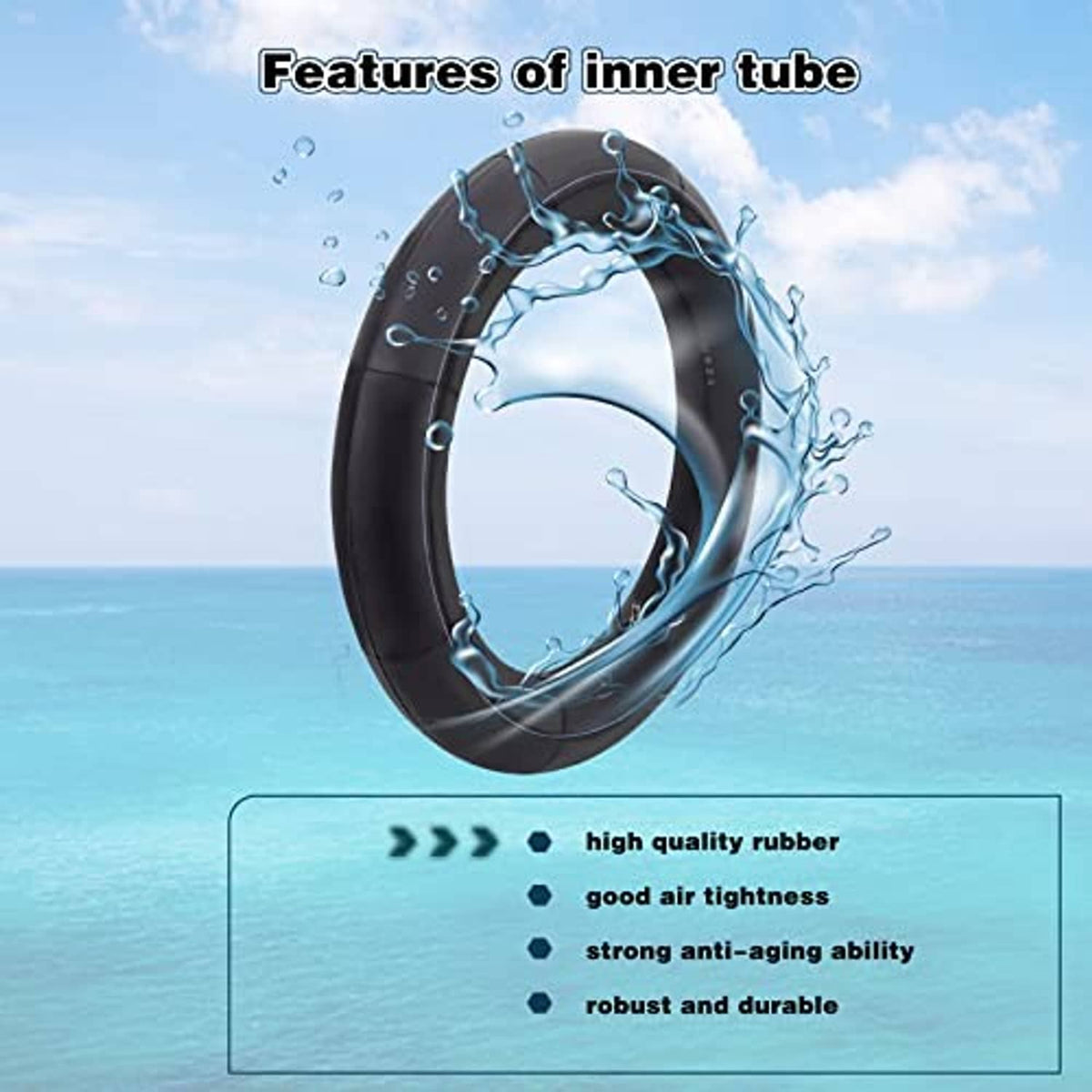 Black inner tube with valve stem over water-splash feature graphic