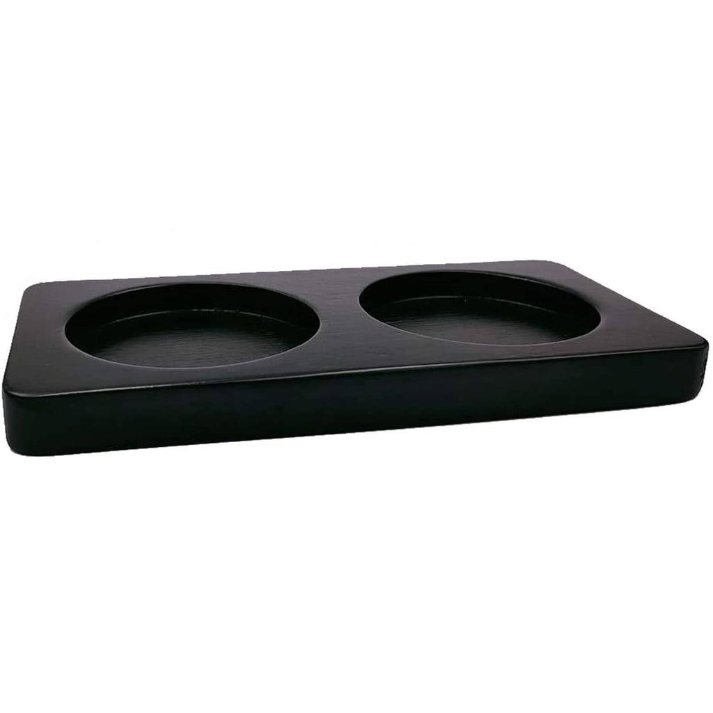 Black wooden salt and pepper mill tray with two round recessed holders