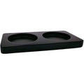 Black wooden salt and pepper mill tray with two round recessed holders
