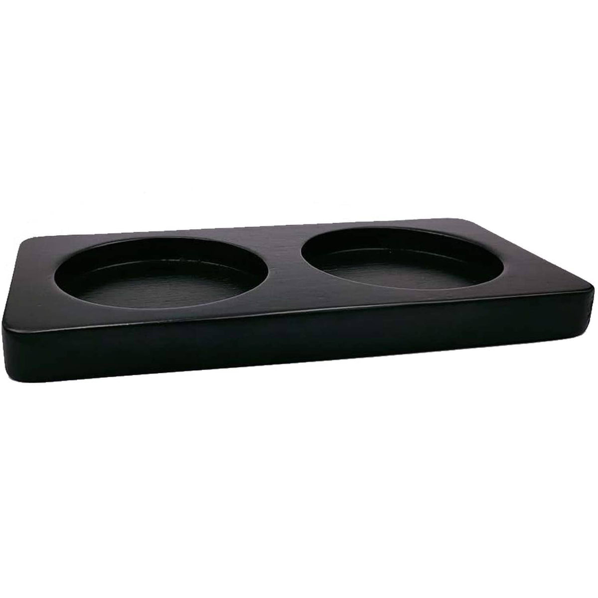 Black wooden salt and pepper mill tray with two round recessed holders