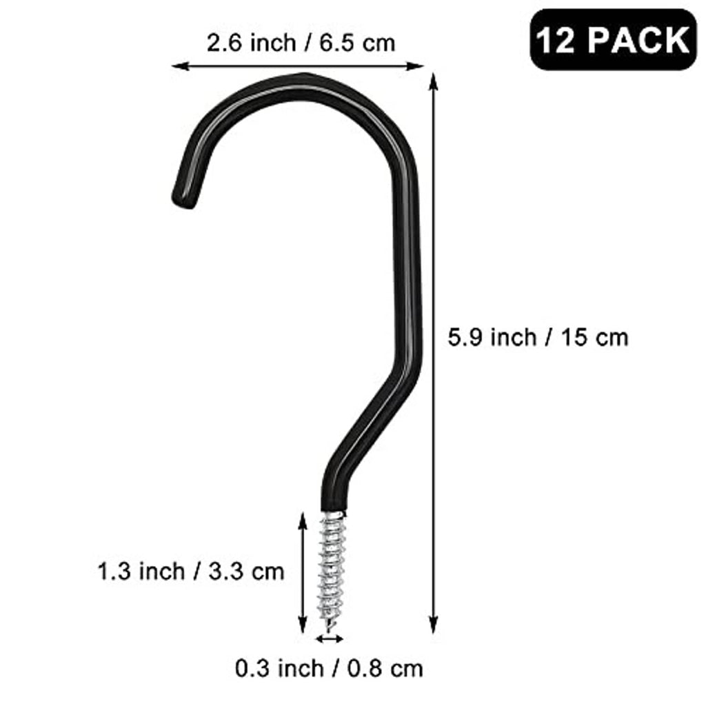 Black bicycle wall hook with silver mounting screws, curved profile size diagram