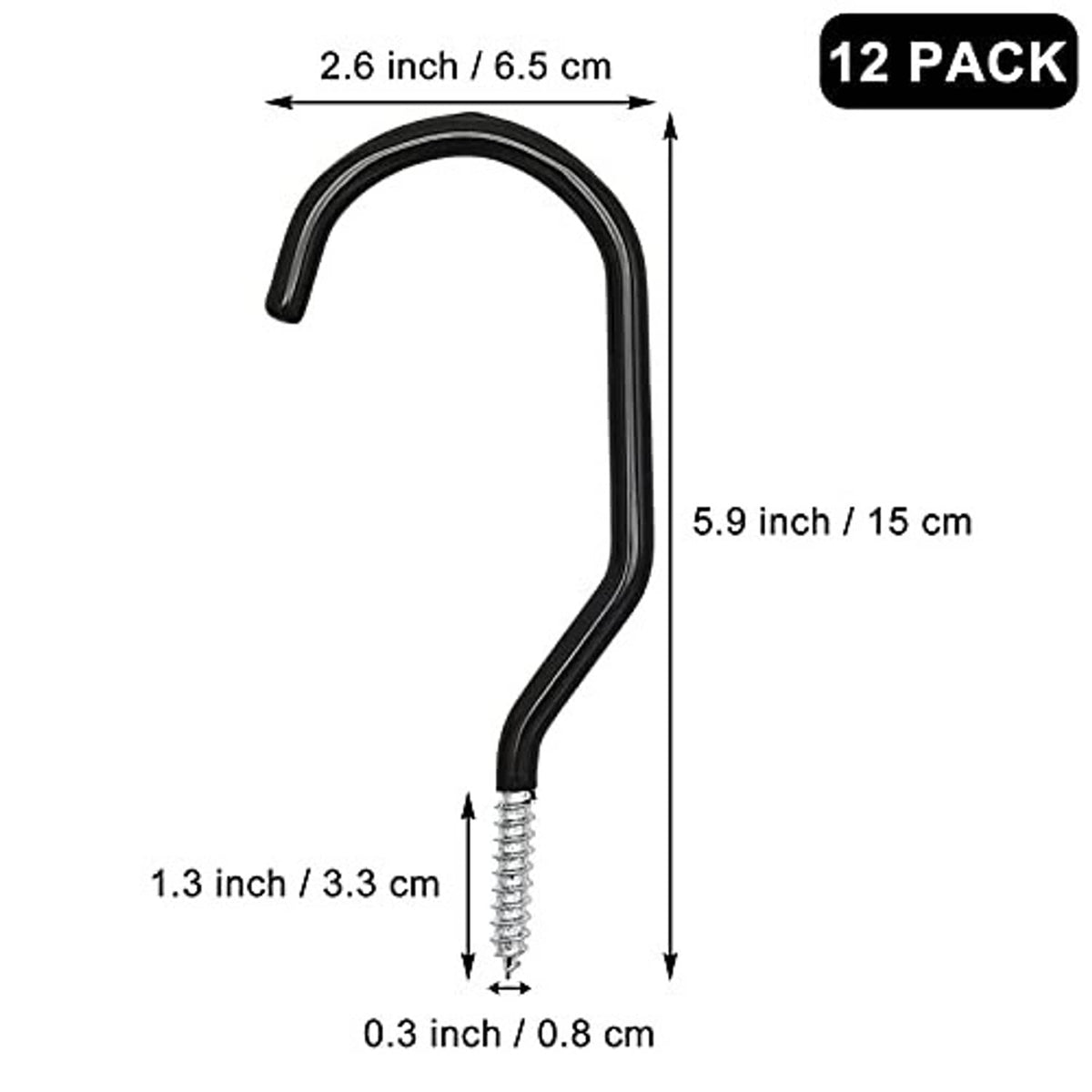 Black bicycle wall hook with silver mounting screws, curved profile size diagram