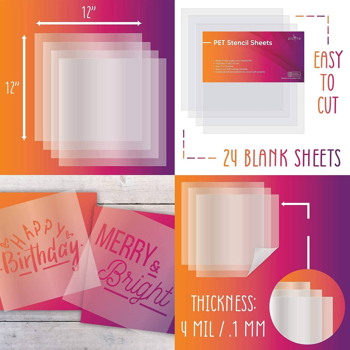 24-pack PET stencil sheets, 12x12 size and 0.1 mm thickness chart