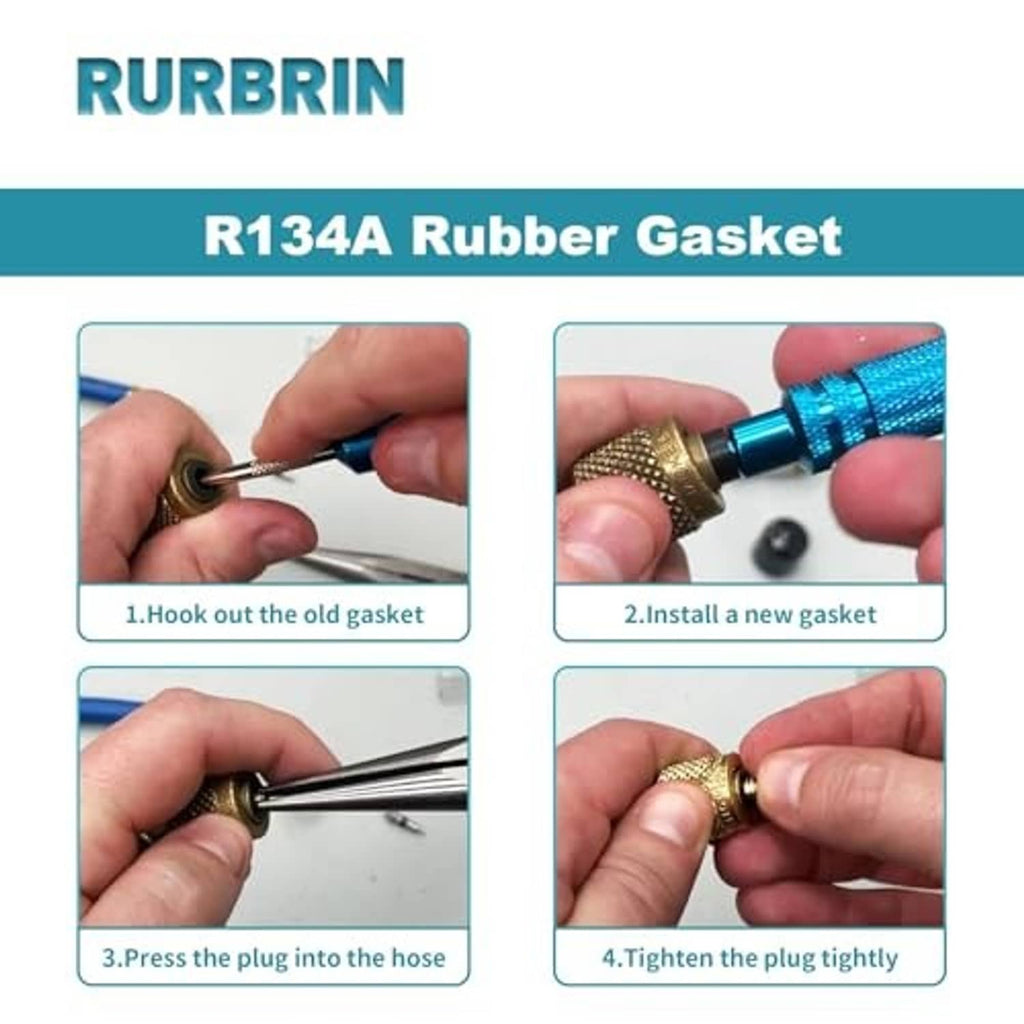 Hands installing a green rubber gasket on an R134A hose fitting, step sequence