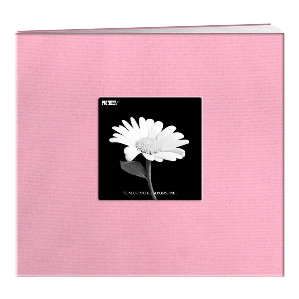 Pink postbound memory book cover with framed flower photo insert