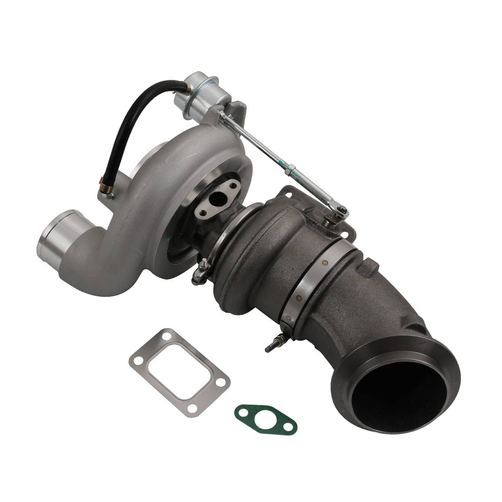 Turbocharger assembly with intake and exhaust housing, mounting gasket and clamps attached