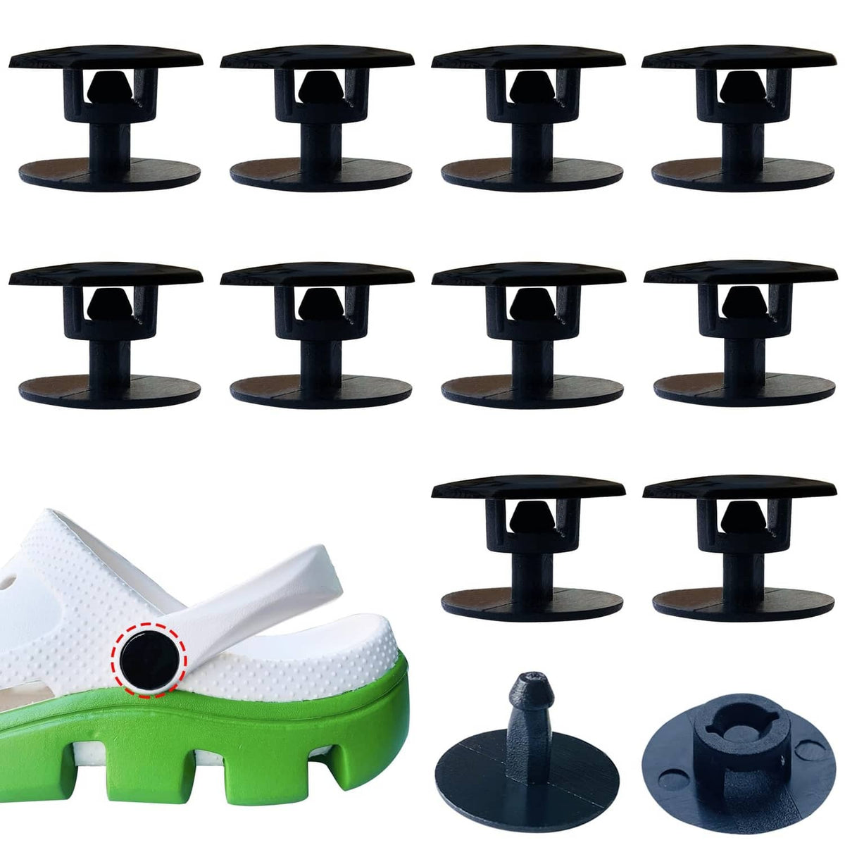 Set of black replacement rivet strap buttons with stems, 10-piece view
