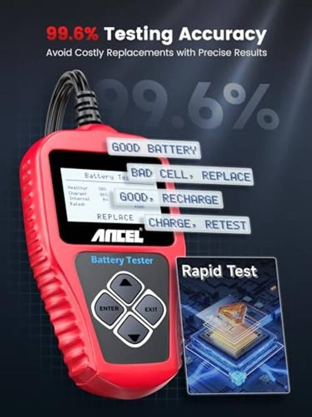 Car battery tester display reading BAD CELL and REPLACE, with red handheld unit.