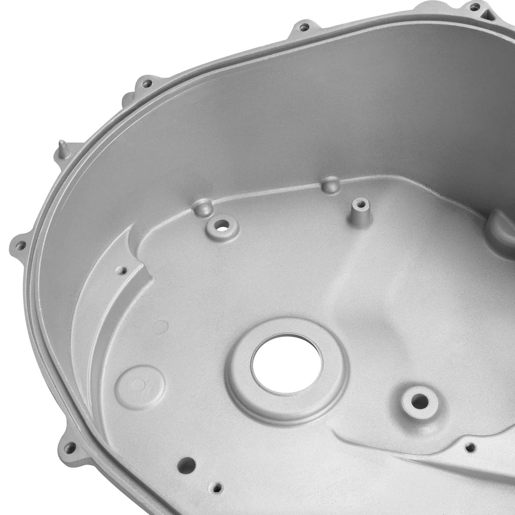 Aluminum inner clutch cover interior, light gray metal with screw holes and circular opening