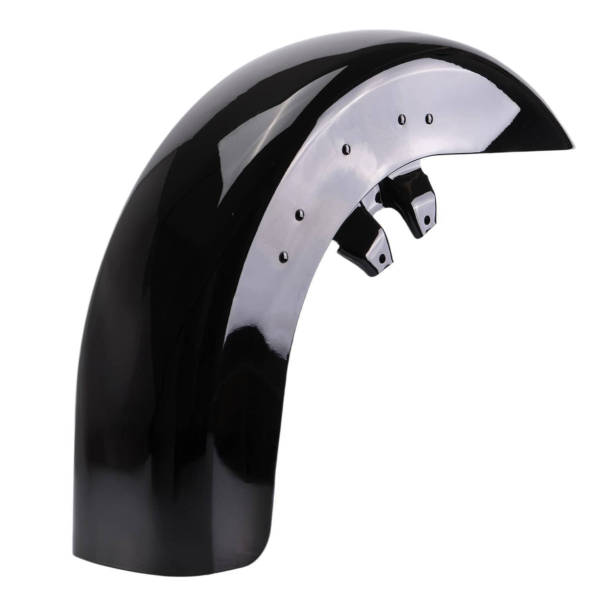 Glossy black front fender with predrilled holes and mounting brackets
