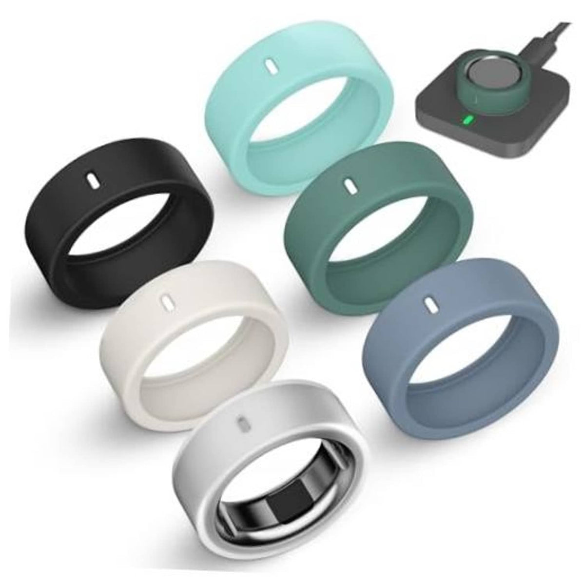 Color set of ultra-thin silicone ring covers in black, mint, green, white, and blue