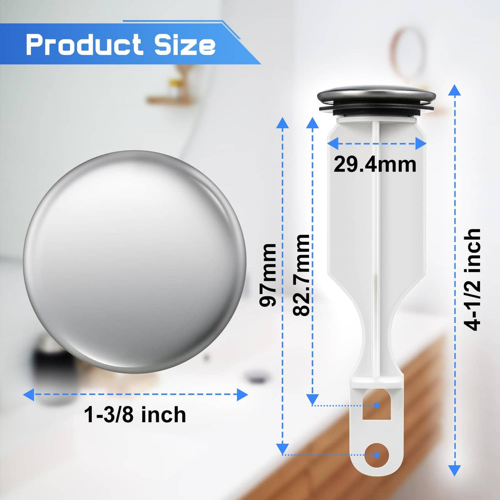 Bathroom sink pop-up stopper with chrome cover and white rod, adjustable fit