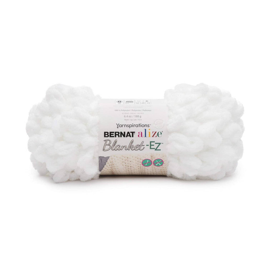 White Bernat Alize Blanket-EZ jumbo yarn pack, thick bobble texture, no-needle style
