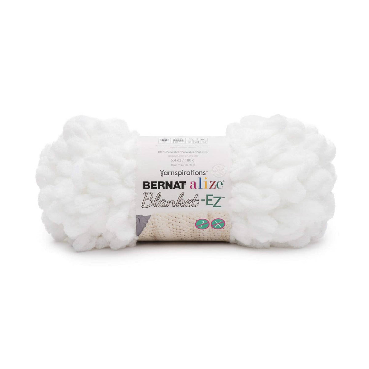 White Bernat Alize Blanket-EZ jumbo yarn pack, thick bobble texture, no-needle style