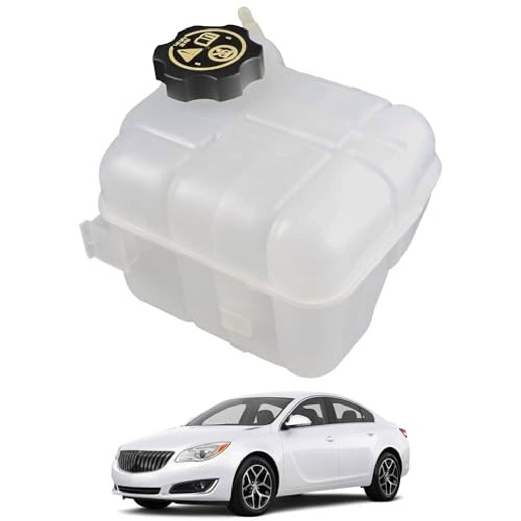 Engine coolant overflow reservoir tank with black cap on translucent white plastic