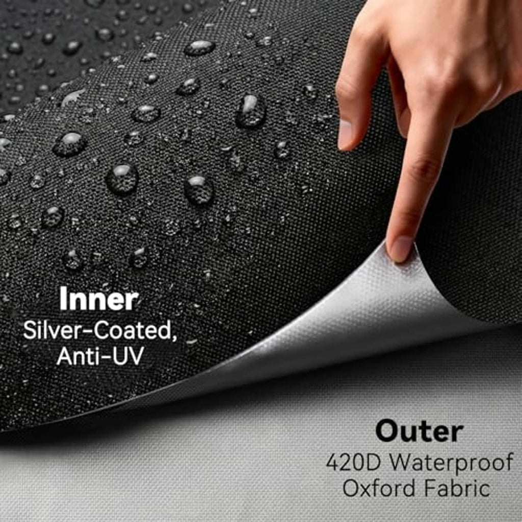 Close-up of black umbrella cover with water-repellent outer and silver-coated inner