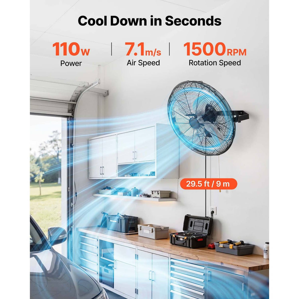 Uimoso wall fan with blue airflow effect shown around the spinning grille