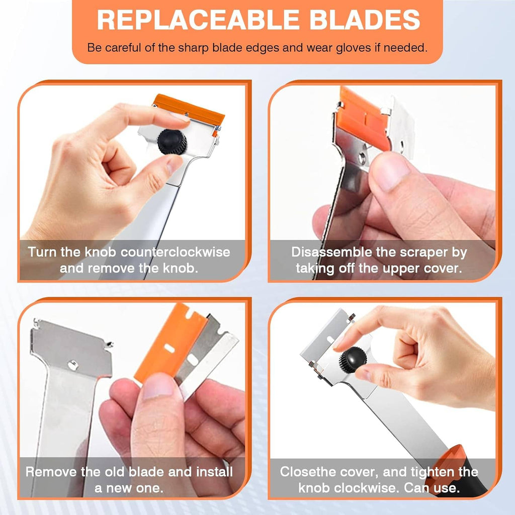 Replaceable razor blade scraper tool with orange cover and metal blade cartridge