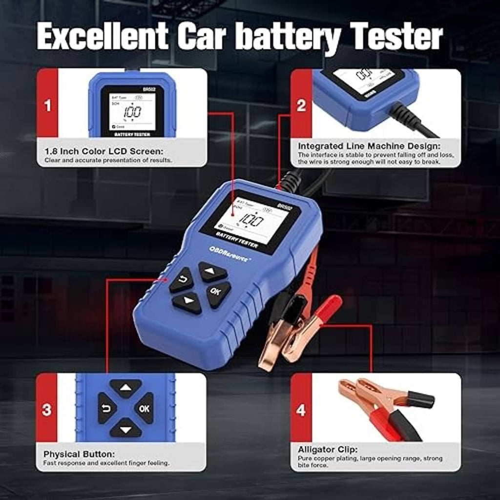 Blue car battery tester with red alligator clip, black lead, and LCD screen