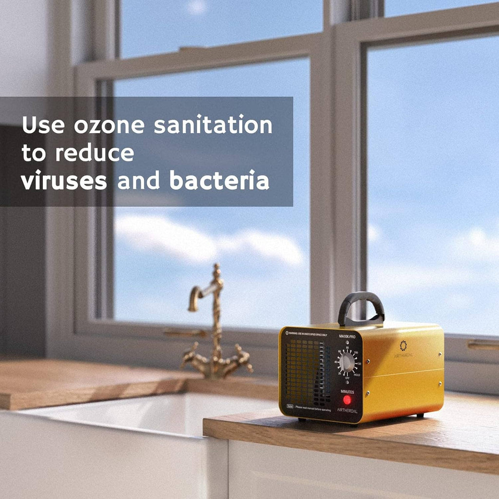 Yellow ozone generator on countertop near window with black front grille and timer knob