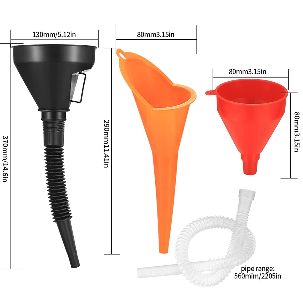 Automotive funnel set with black long-neck, orange and red wide-mouth funnels plus hose