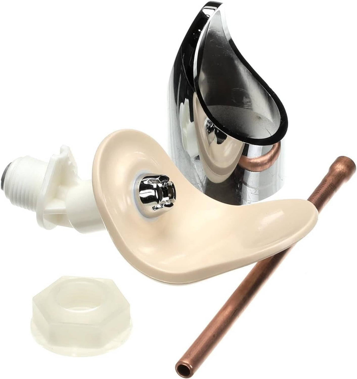 Elkay bubbler kit with cream splash plate, chrome cone, copper tube, and white fittings