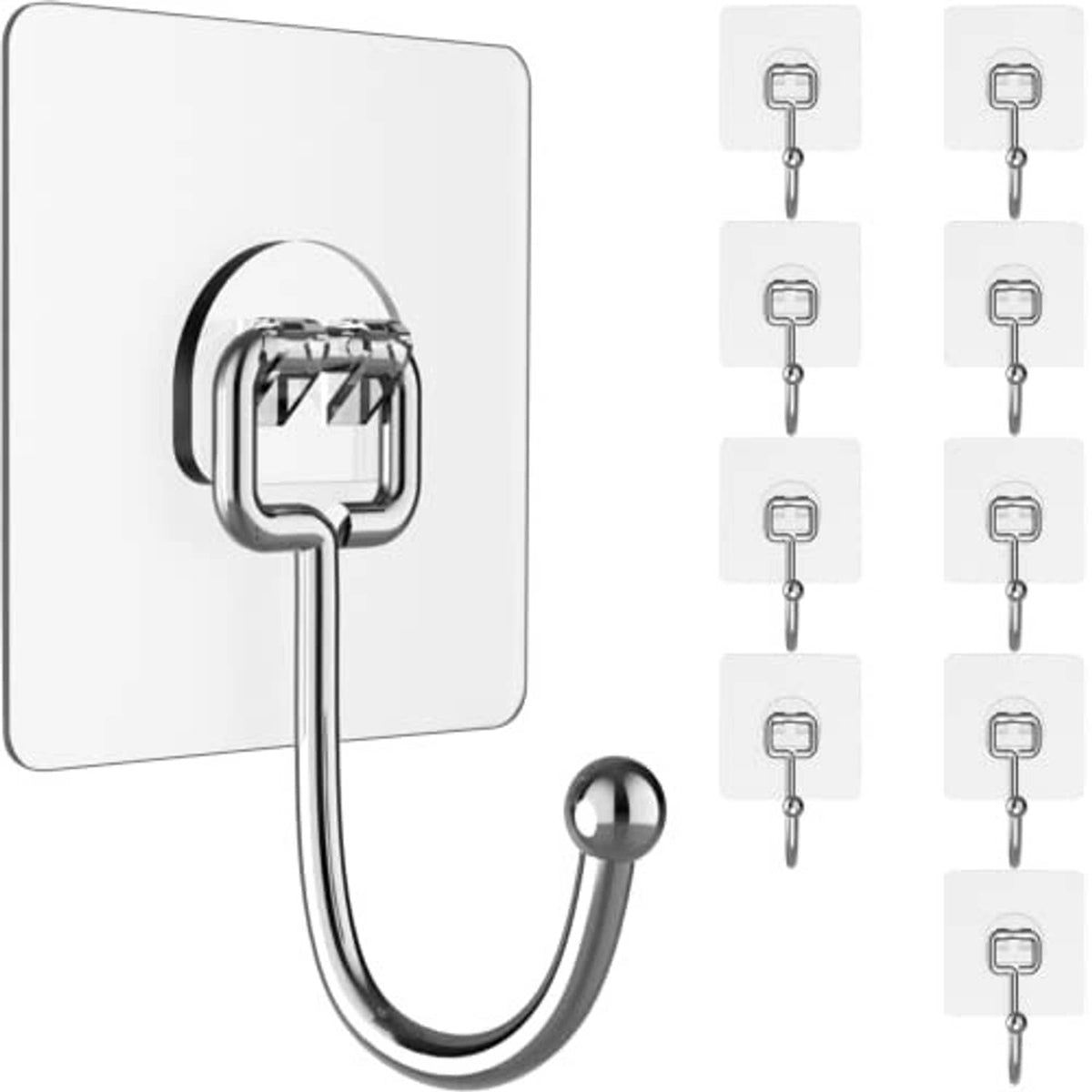 Large wall hook with curved stainless steel arm and square back plate, plus 10-pack assortment