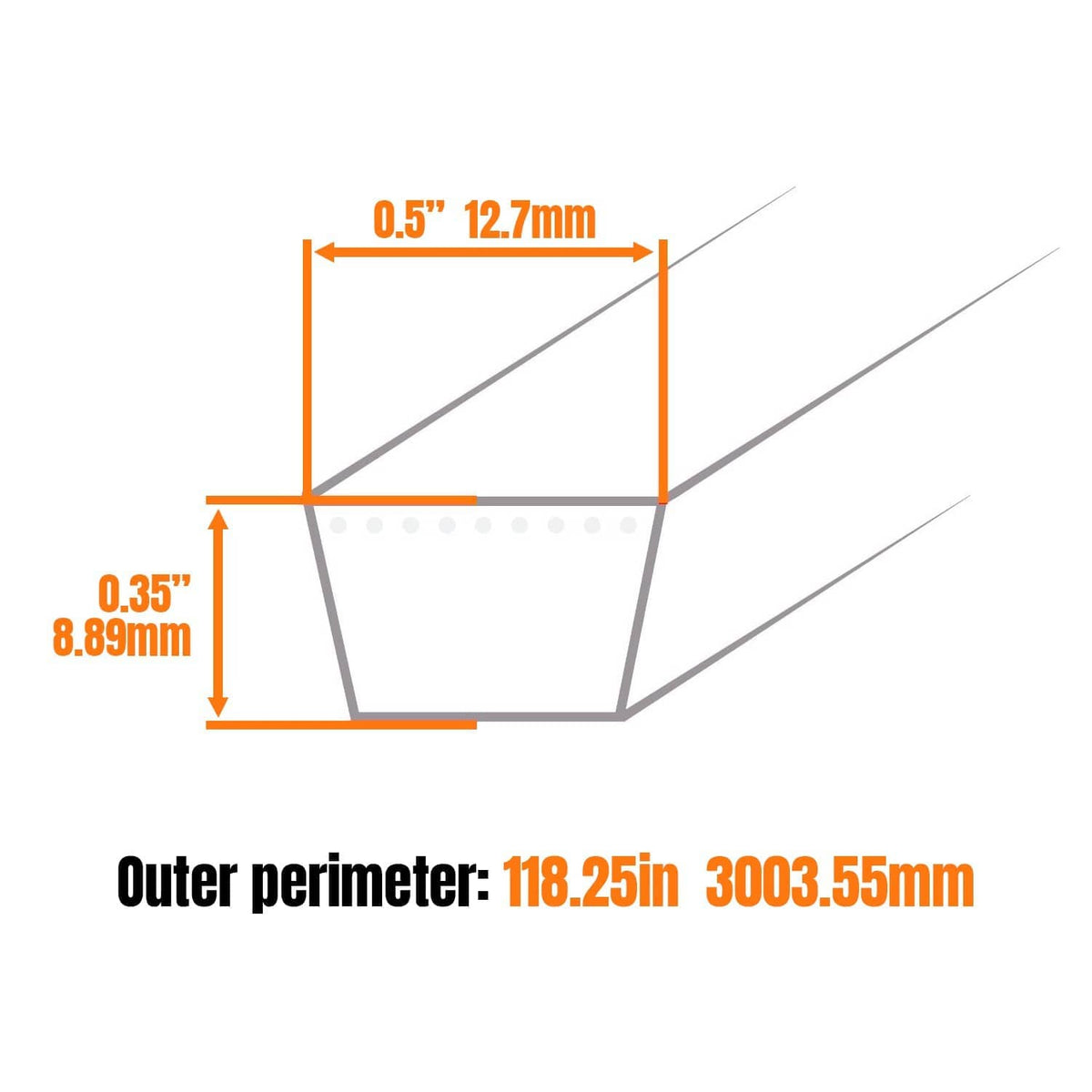 Grey V-belt dimensions diagram showing outer perimeter and belt thickness