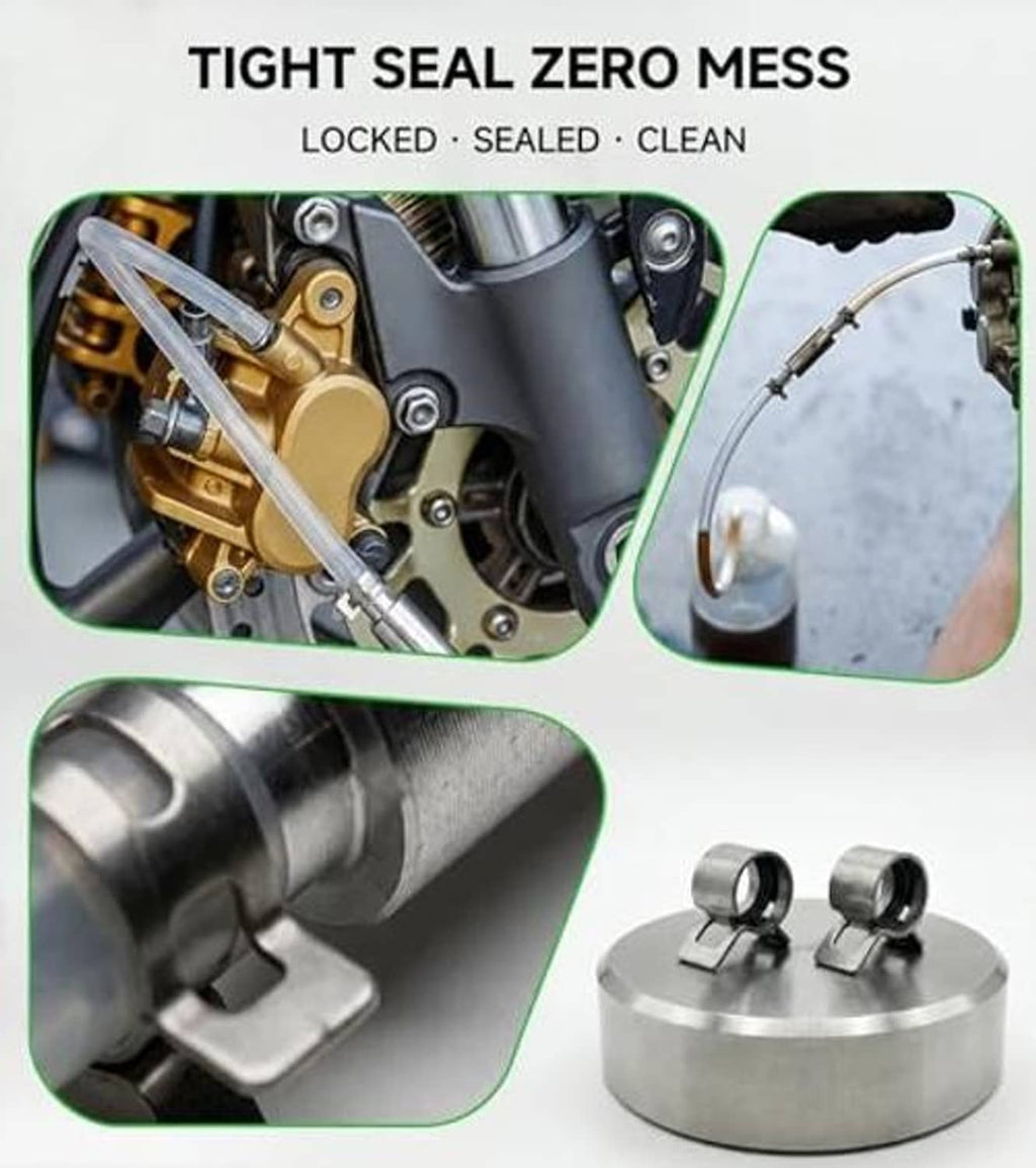 Brake bleeder kit with sealed metal components, hose line, and valve attachment clamps