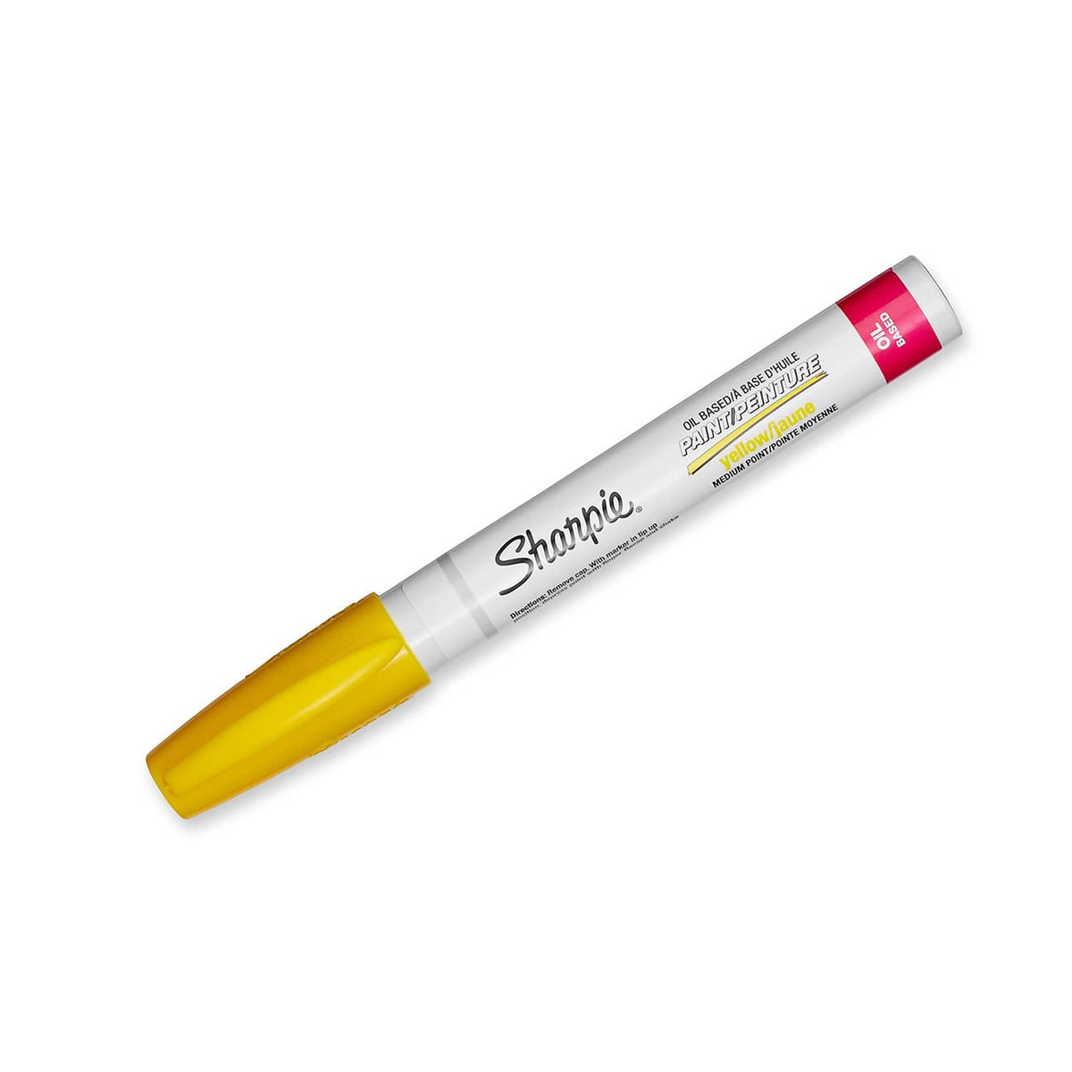 Yellow oil-based paint marker with medium tip, Sharpie Sanford, white label